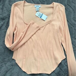 Peach Long Sleeve Ribbed Blouse